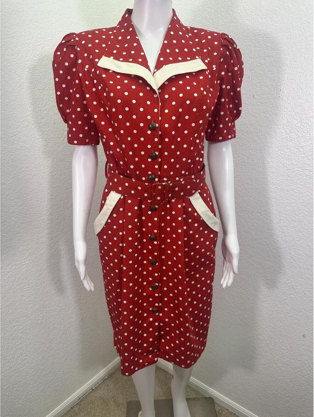 VTG 1980s Women’s Sz M Red Polka Dot Wiggle Retro Cotton Dress Pinup Rockabilly